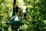 Having fun on a high ropes Pyrenees adventure course