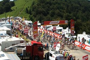 TDF peloton arriving at col de Portel in the Pyrenees