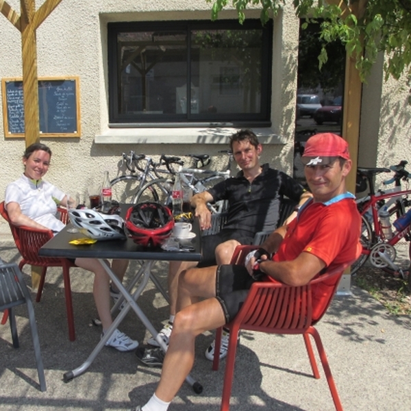 Enjoying a café stop on a day cycling in the Pyrenees